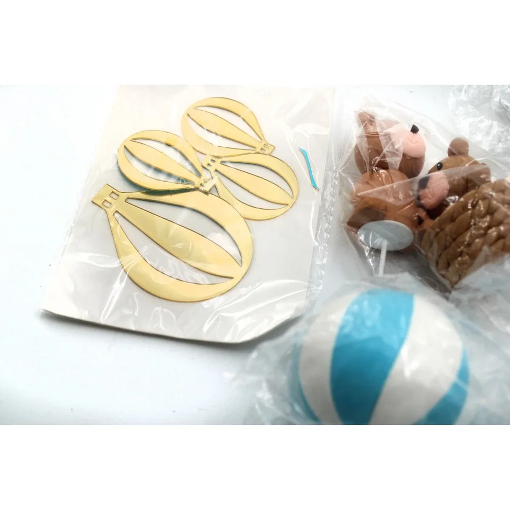 18 pcs Hot Air Balloon Teddy Bear Cake Topper Set Blue White Gold